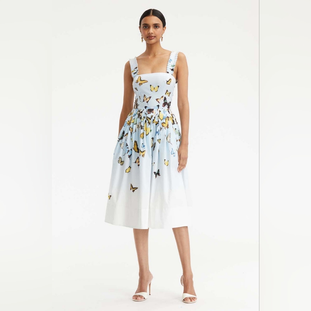 $2,290 NEW OSCAR DE LA RENTA BLUE BUTTERFLY DIP-DYE MIDI DRESS US 6